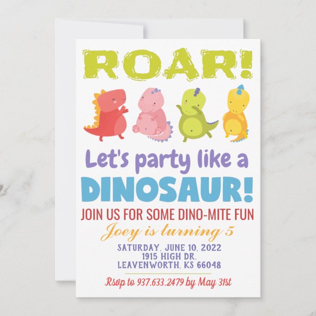 Invitación de cumpleaños de dinosaurio rugiente (Anverso)