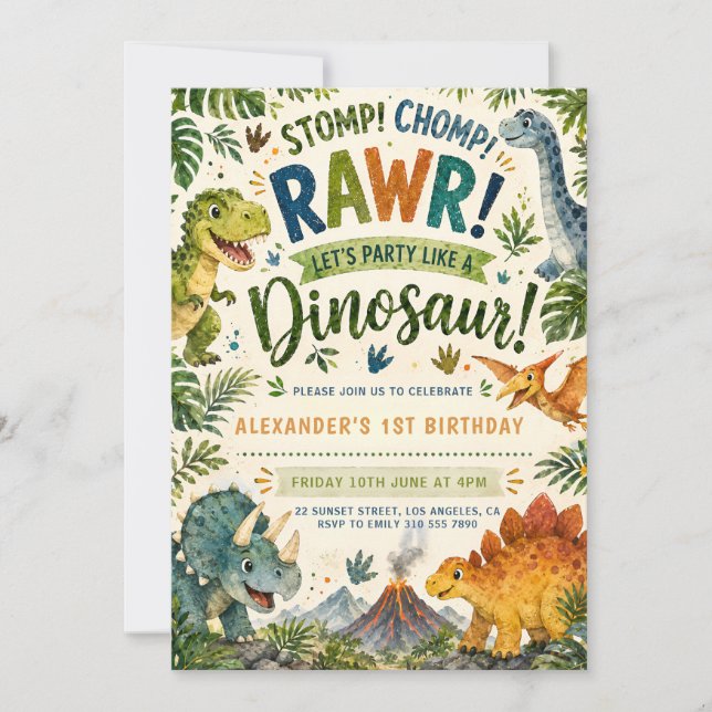 Invitación de cumpleaños de dinosaurio salvaje (Anverso)