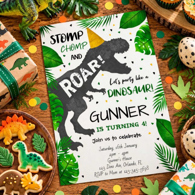 Invitación de cumpleaños de dinosaurio Stomp Chomp (Subido por el creador)