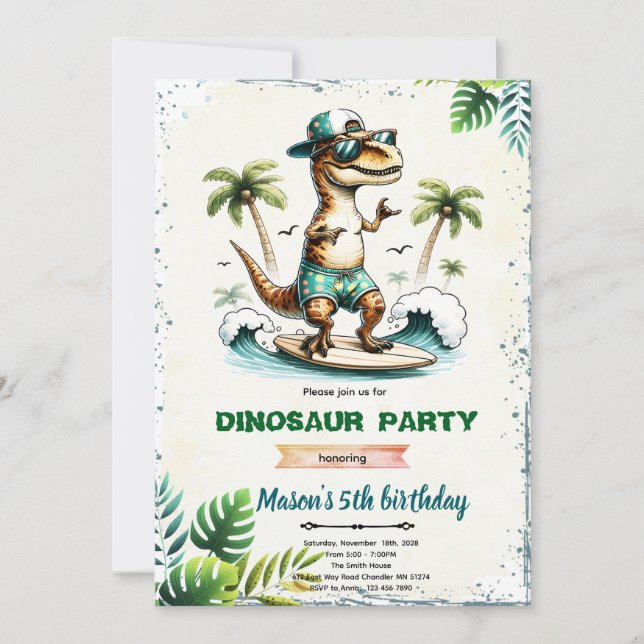 Invitación de cumpleaños de dinosaurio surfista (Anverso)