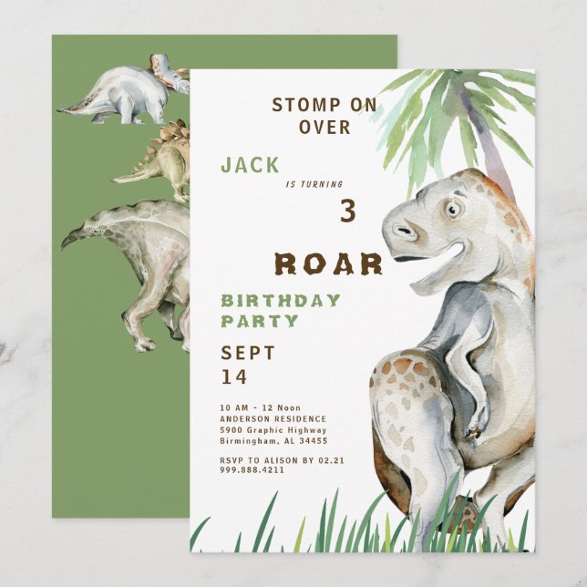 Invitación de cumpleaños de dinosaurio T-rex (Anverso / Reverso)