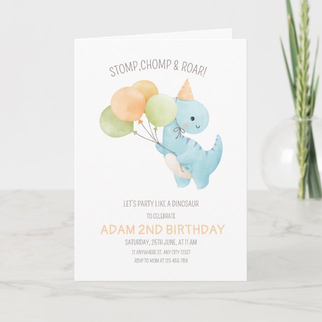Invitación de cumpleaños de dinosaurio, T rex mini (Anverso)