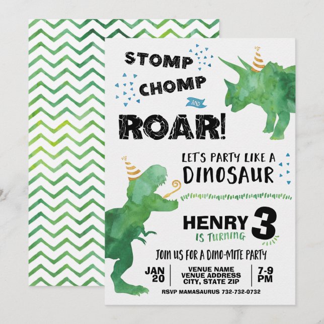Invitación de cumpleaños de dinosaurio T Rex y Tri (Anverso / Reverso)