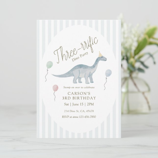 Invitación de cumpleaños de dinosaurio Tres-rific (Anverso de pie)