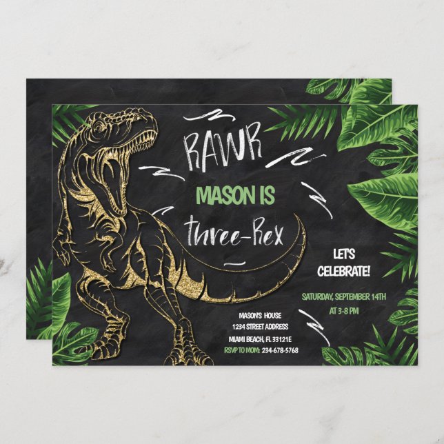 Invitación de cumpleaños de dinosaurio triple (Anverso / Reverso)