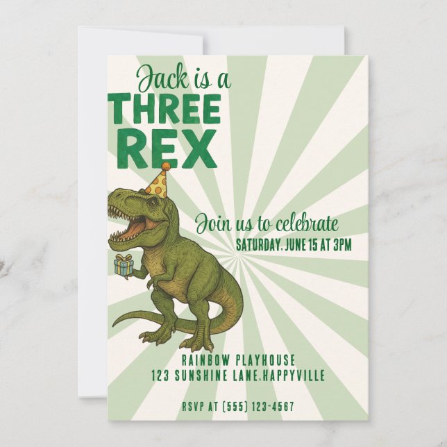 Invitación de cumpleaños de dinosaurio triple |T-R (Anverso)