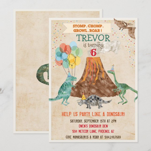 Invitación de cumpleaños de dinosaurio volcánico p (Anverso / Reverso)