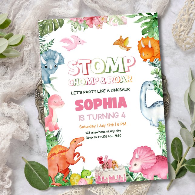 Invitación de cumpleaños de dinosaurios chicas Din (Subido por el creador)