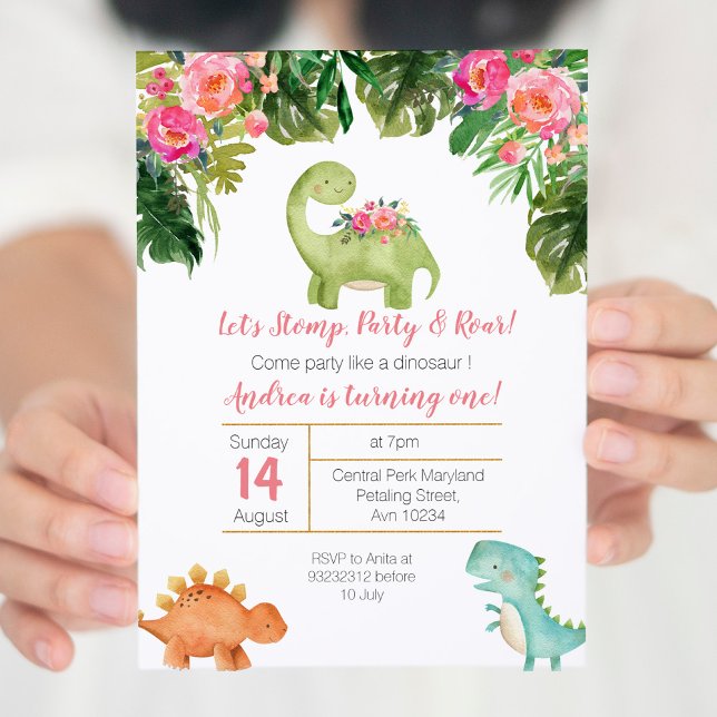 Invitación de cumpleaños de dinosaurios Chicas ros (Subido por el creador)