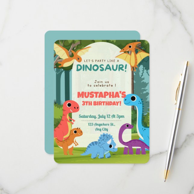 Invitación de Cumpleaños de Dinosaurios Coloridos  (Anverso/Reverso In Situ)