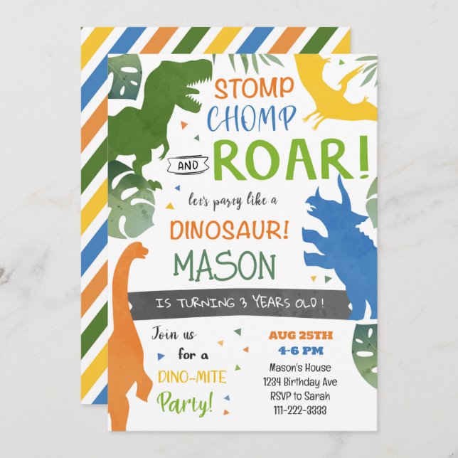 Invitación de cumpleaños de dinosaurios coloridos (Anverso / Reverso)