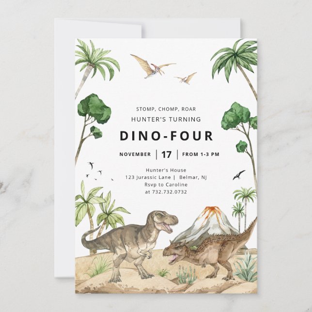 Invitación de cumpleaños de dinosaurios Dino-Cuatr (Anverso)