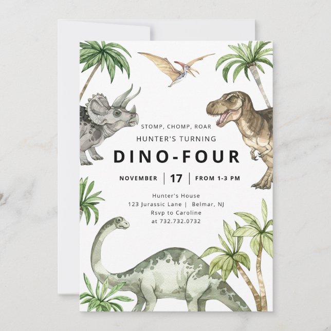 Invitación de cumpleaños de dinosaurios Dino-Cuatr (Anverso)