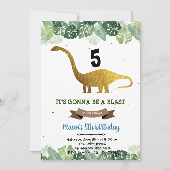 Invitación de cumpleaños de dinosaurios dorados de (Anverso)