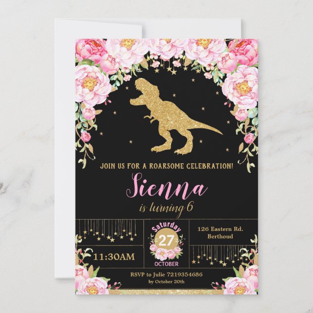 Invitación de cumpleaños de dinosaurios florales C (Anverso)