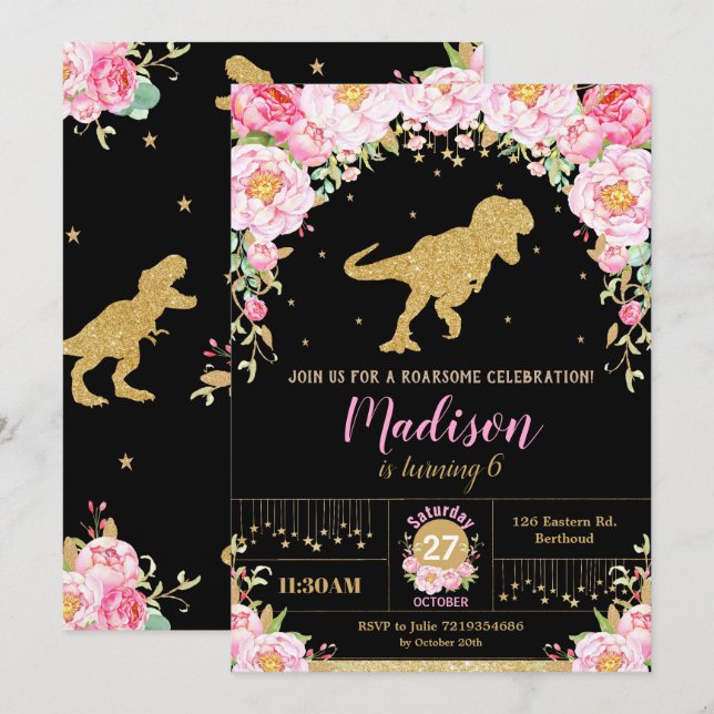 Invitación de cumpleaños de dinosaurios florales C (Anverso / Reverso)
