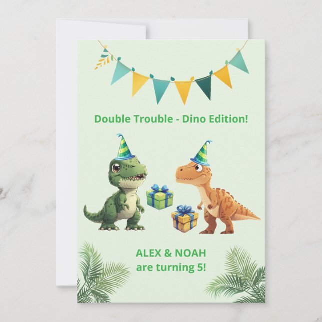 Invitación de cumpleaños de dinosaurios gemelos Do (Anverso)