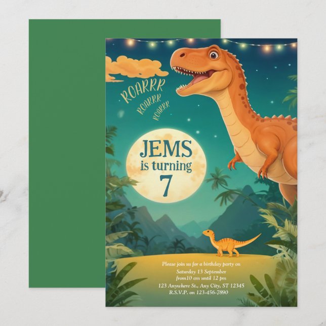 invitación de cumpleaños de dinosaurios, mundo jur (Anverso / Reverso)