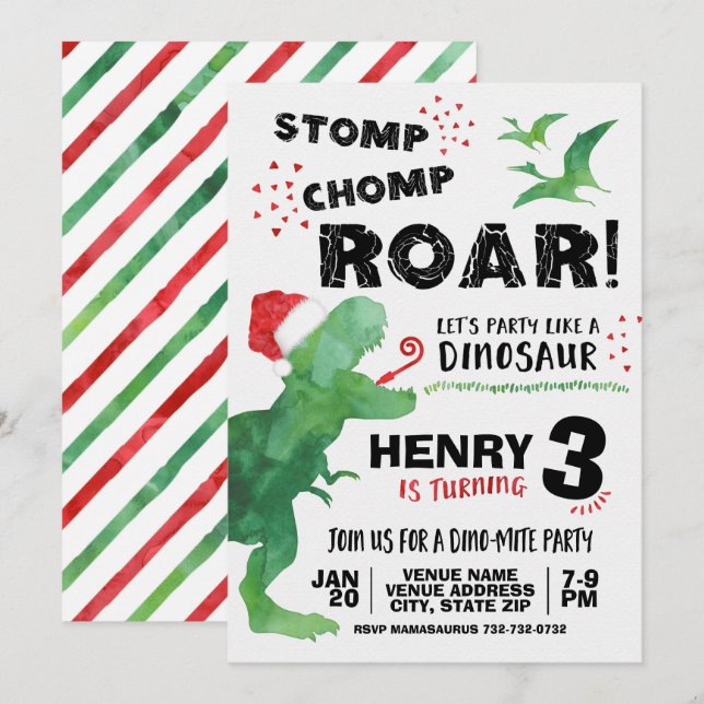 Invitación de cumpleaños de dinosaurios navidades (Anverso / Reverso)