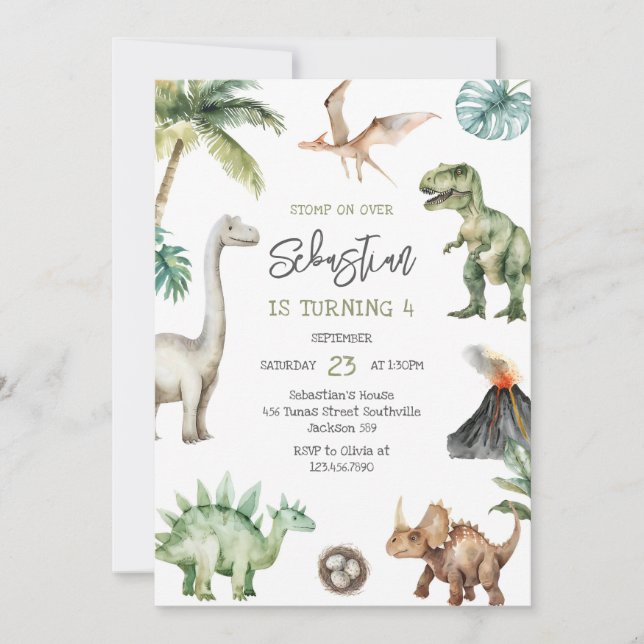 Invitación de cumpleaños de dinosaurios para niños (Anverso)