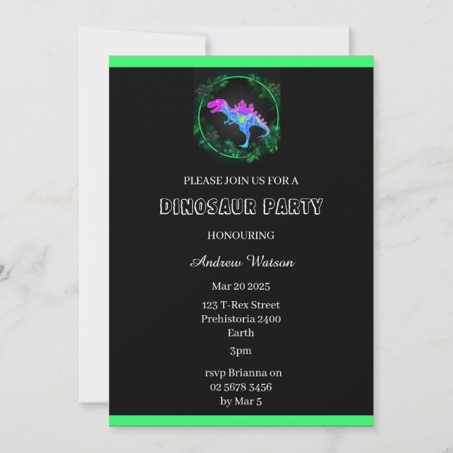 Invitación de cumpleaños de dinosaurios personaliz (Anverso)