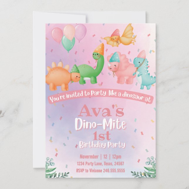 Invitación de cumpleaños de dinosaurios rosados (Anverso)