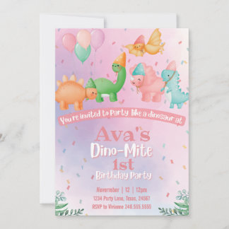 Invitación de cumpleaños de dinosaurios rosados