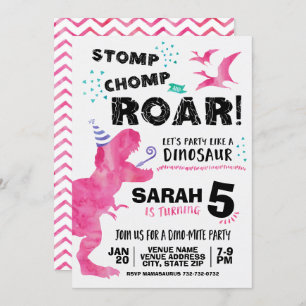 Invitación de cumpleaños de dinosaurios rosados