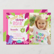 Invitación de cumpleaños de dinosaurios rosados ch