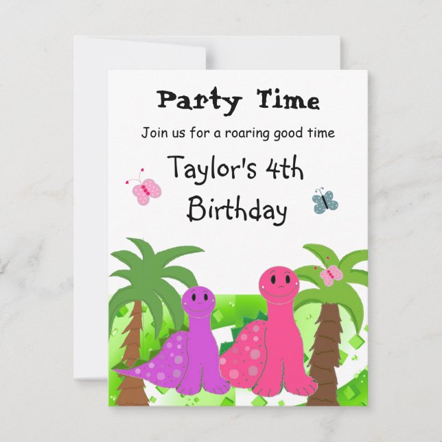 Invitación de cumpleaños de dinosaurios rosados y  (Anverso)