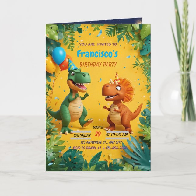 Invitación de cumpleaños de dinosaurios ruidosos - (Anverso)