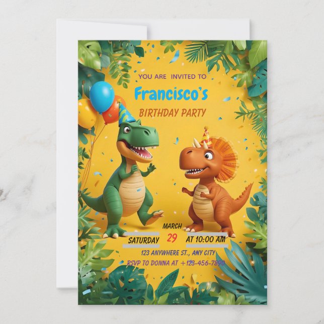 Invitación de cumpleaños de dinosaurios ruidosos - (Anverso)