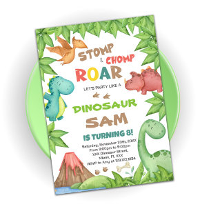 Invitación de cumpleaños de dinosaurios verdes y m