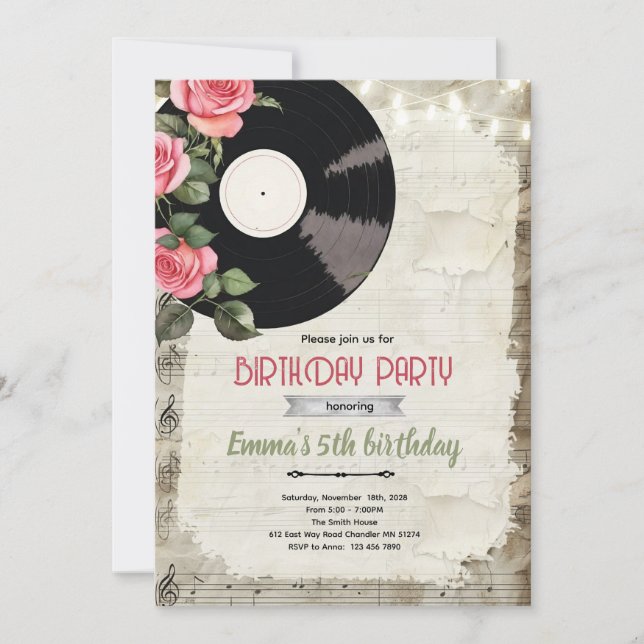 Invitación de cumpleaños de disco de vinilo (Anverso)