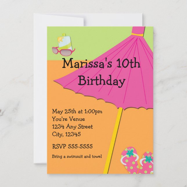 Invitación de cumpleaños de diversión en la playa  (Anverso)
