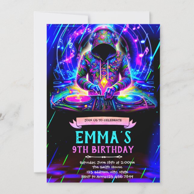 invitación de cumpleaños de DJ neón (Anverso)