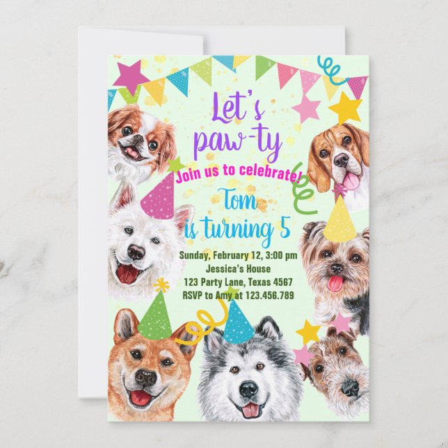 Invitación de cumpleaños de Dog fiesta (Anverso)