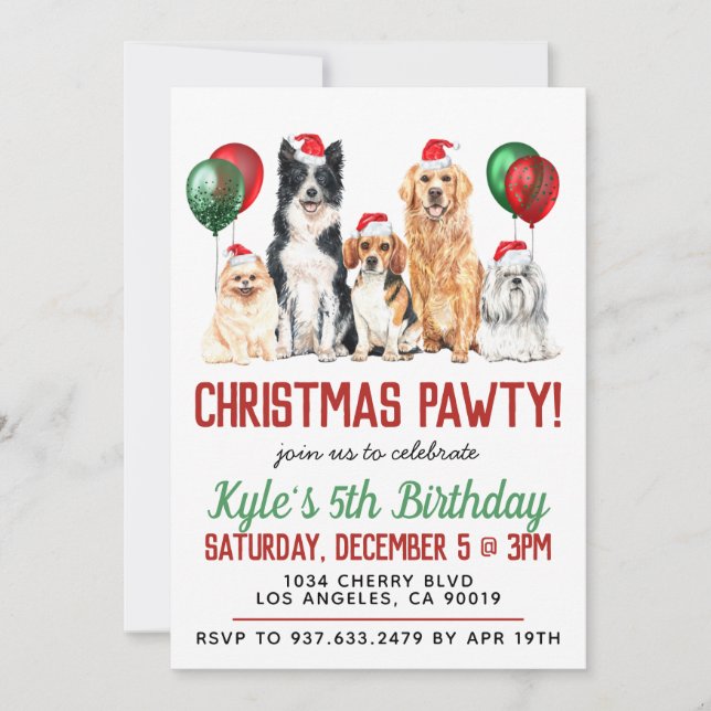 Invitación de cumpleaños de Dog Paw-ty navidades (Anverso)