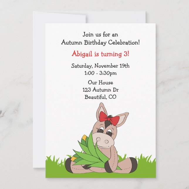 Invitación de cumpleaños de Donkey al otoño para C (Anverso)