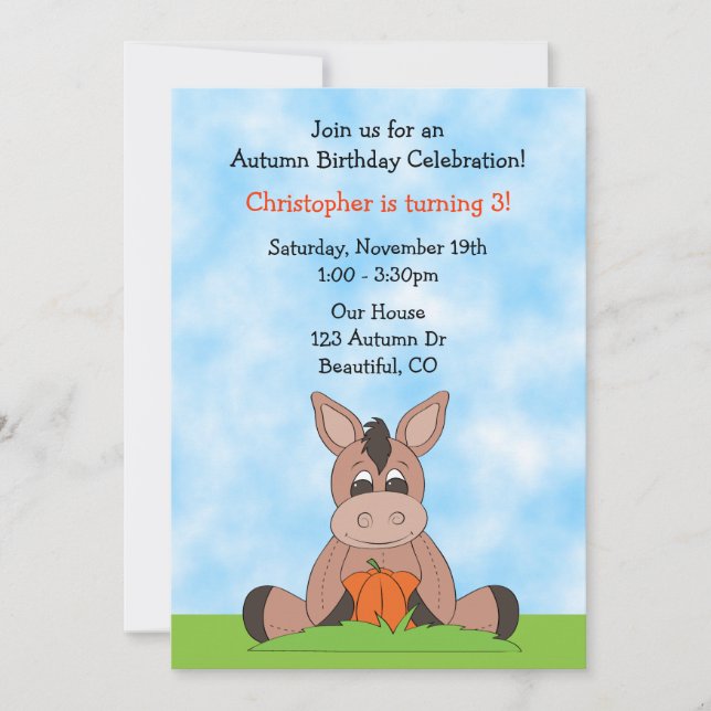 Invitación de cumpleaños de Donkey al otoño para n (Anverso)