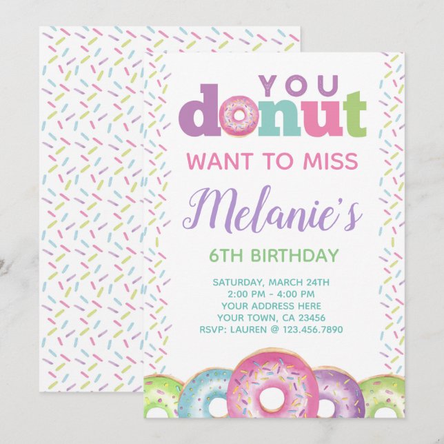 Invitación de cumpleaños de Donut (Anverso / Reverso)