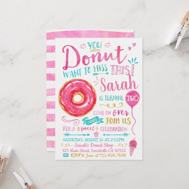 Invitación de cumpleaños de donut acuarela (Anverso/Reverso In Situ)