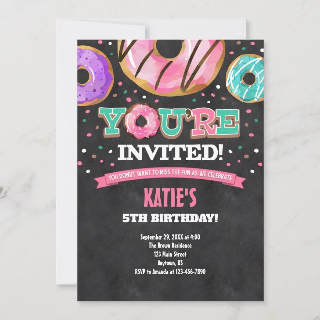 Invitación de cumpleaños de donut azul Verde azula (Anverso)