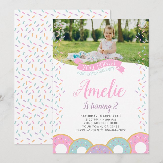 Invitación de cumpleaños de Donut con foto (Anverso / Reverso)
