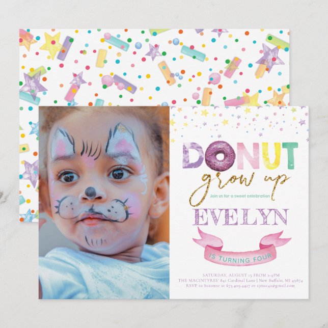 Invitación de cumpleaños de Donut Crece foto (Anverso / Reverso)