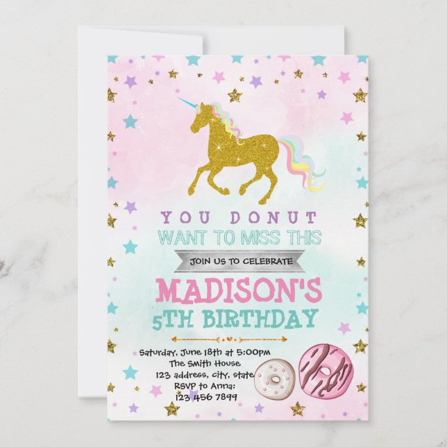 invitación de cumpleaños de donut de unicornio (Anverso)