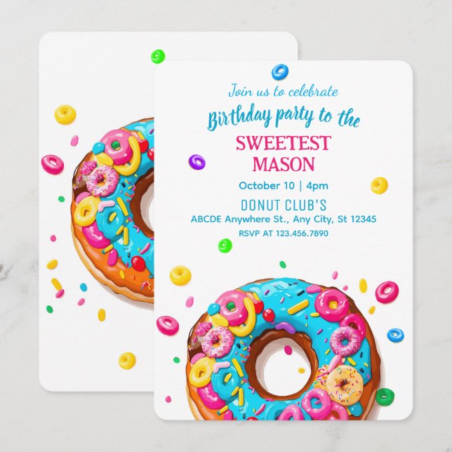 invitación de cumpleaños de donut dulce (Anverso / Reverso)