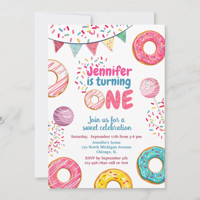 Invitación de cumpleaños de Donut Dulce uno (Anverso)