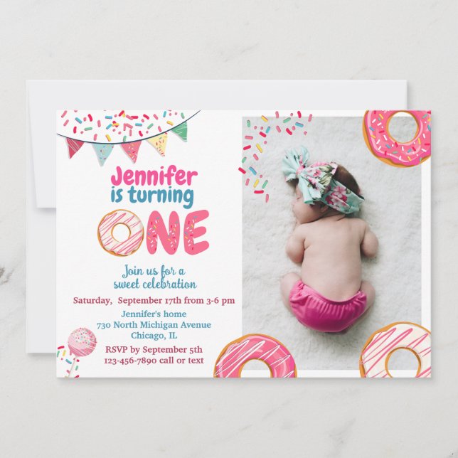 Invitación de cumpleaños de Donut Dulce uno (Anverso)