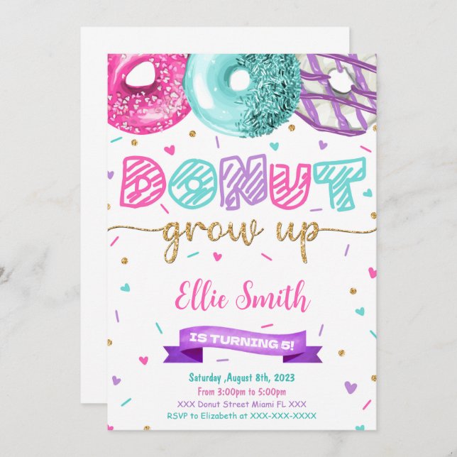 Invitación de cumpleaños de donut editable (Anverso / Reverso)